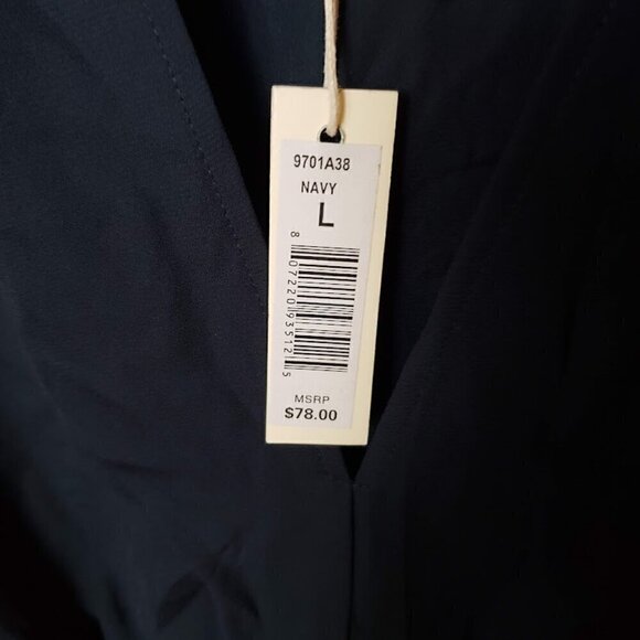 NWT Max Studio Navy Blue Blouse With Waist Tie Ruffled Cap Sleeves Size Large - Picture 3 of 9